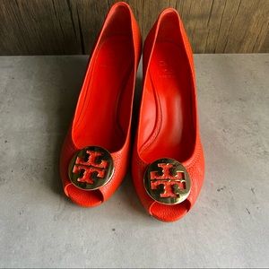 Tory Burch Miller Orange Peep Toe Wedges-size 7.5